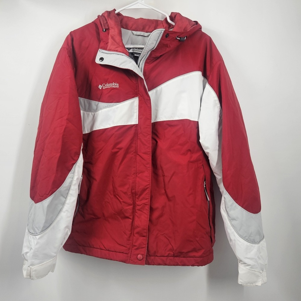 Columbia Women's XLG Ski Jacket. Red‎ White Button and Zip Up. Winter Coat